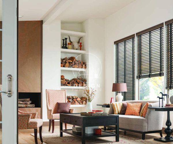 living room wooden blinds