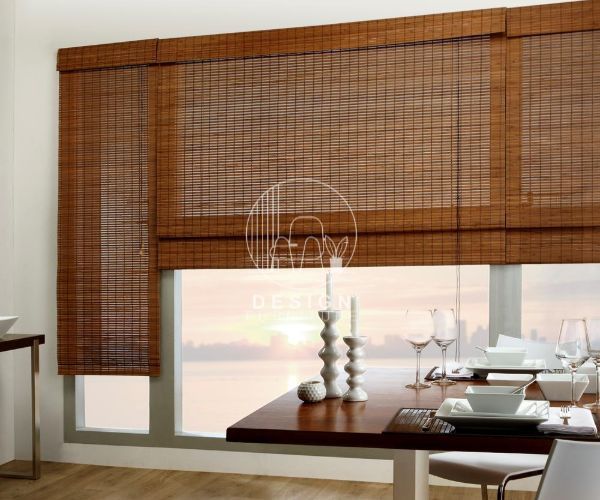 table with brown bamboo blinds