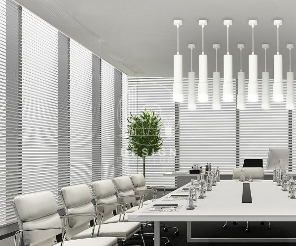 white tables and chairs with office blinds