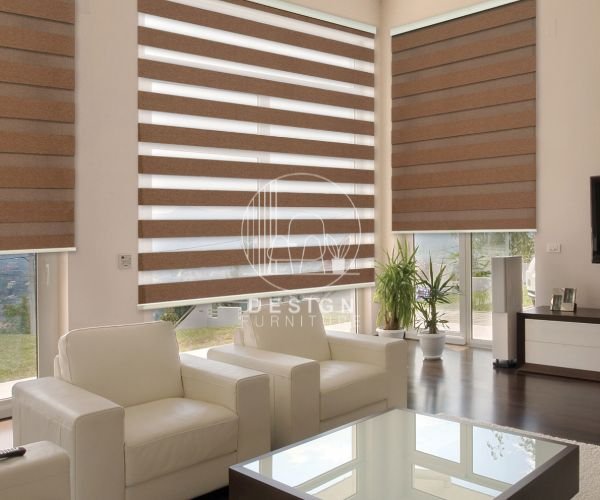 white sofa with zebra blinds