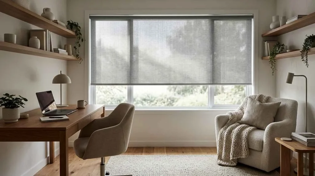 Grey roller blinds partially lowered on a window in a cozy home office