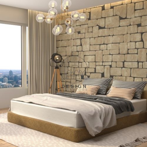 Bedroom-bed-window-lamp-interior with wallpaper