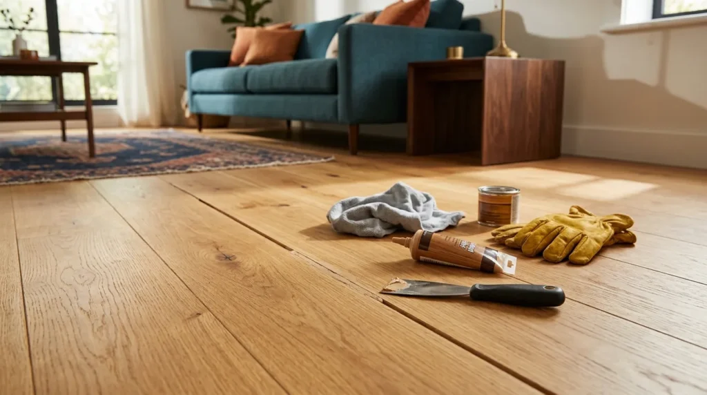 Filling a gap in honey oak hardwood flooring with wood filler and a putty knife