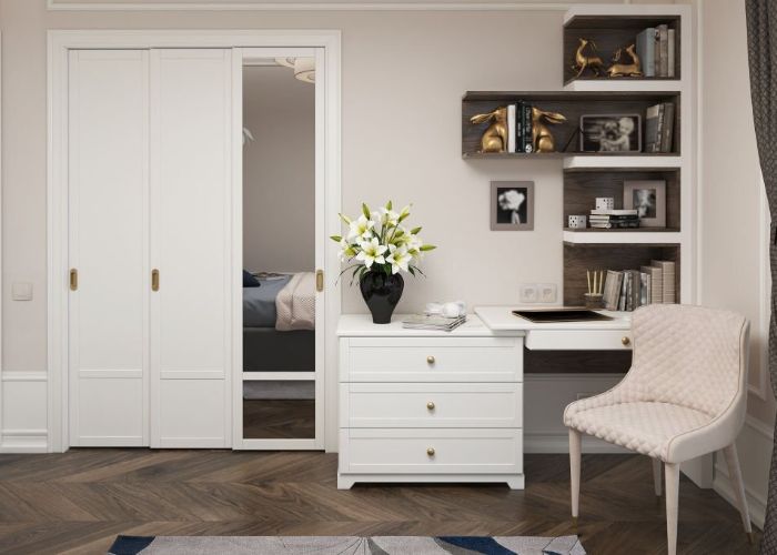 elegant bedroom with modern drawers cabinets