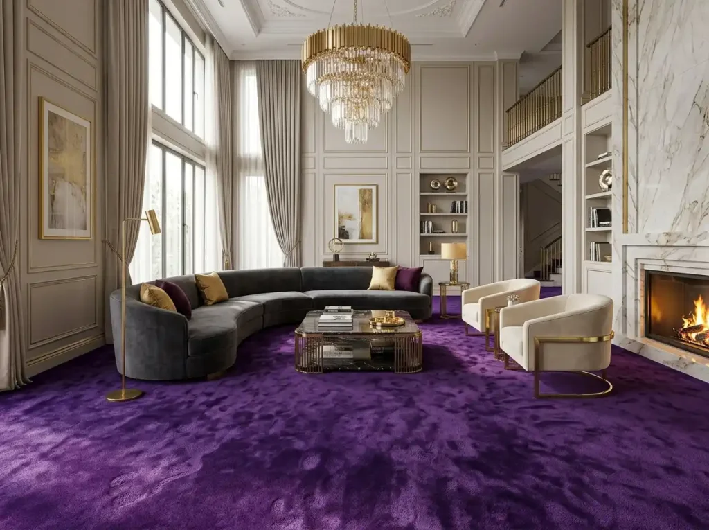 luxurious deep royal purple plush carpet installed in a spacious high-end living room with gold accents