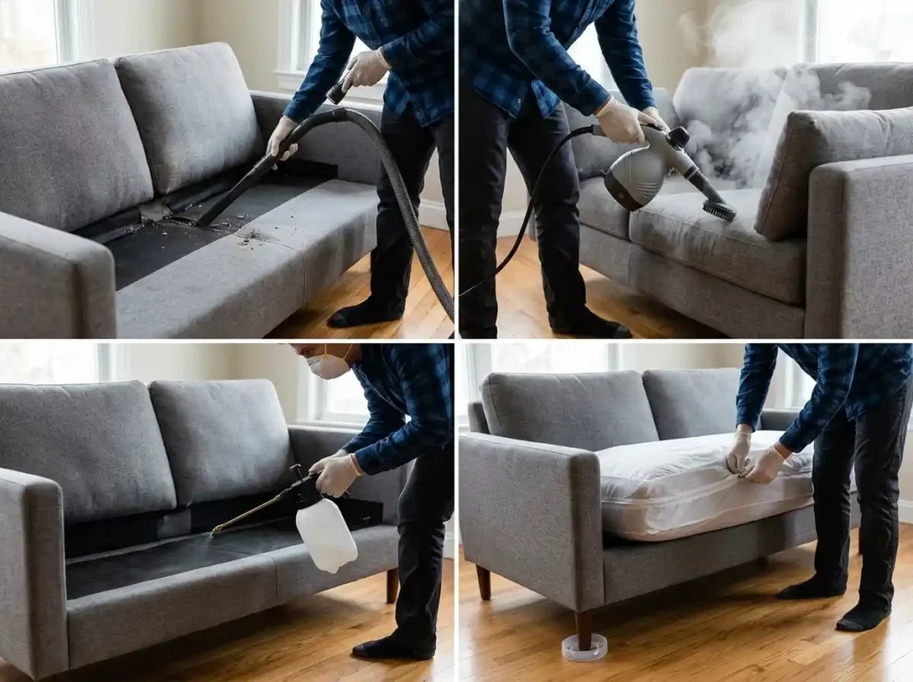 zippered bed bug proof encasement cover being fitted securely over a sofa cushion