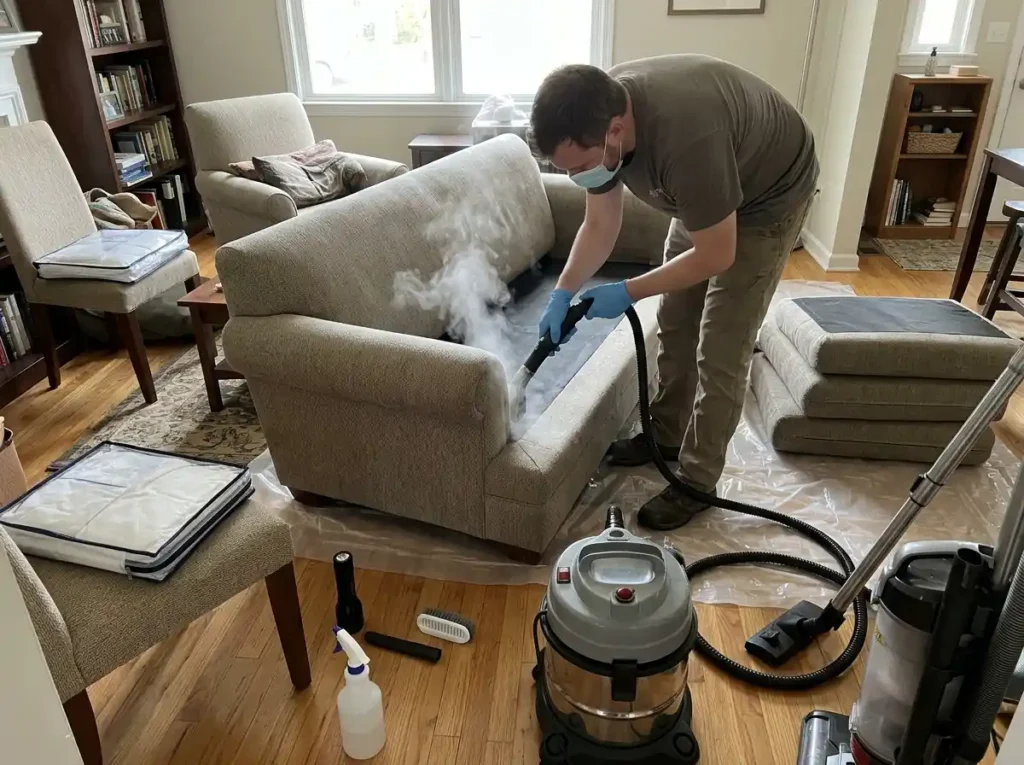 professional technician applying hot steam treatment to seams and crevices of a fabric sofa