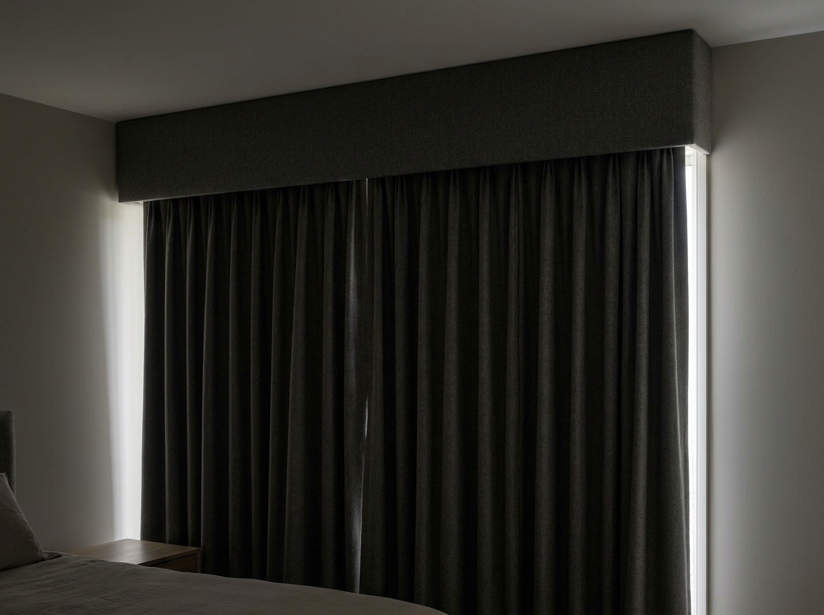 wooden curtain pelmet box installed above a window to block light escaping from the top of blackout curtains