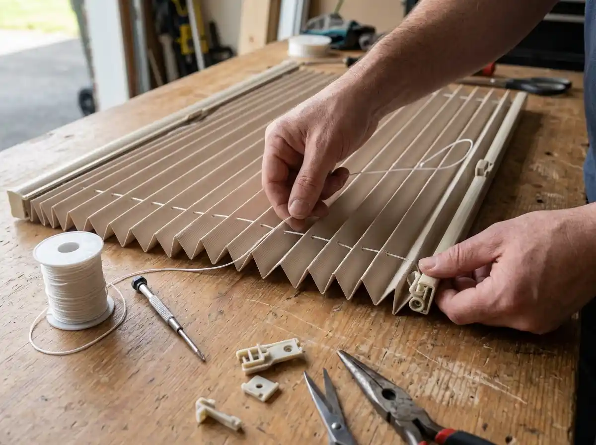 person restringing a replacement tension cord through a seitz pleated window blind cassette