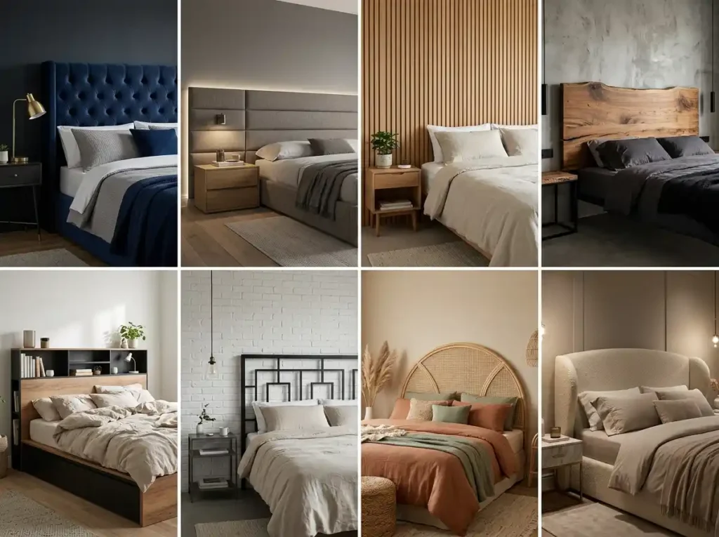 modern plush tufted upholstered headboard on a luxury king size bed in a master bedroom