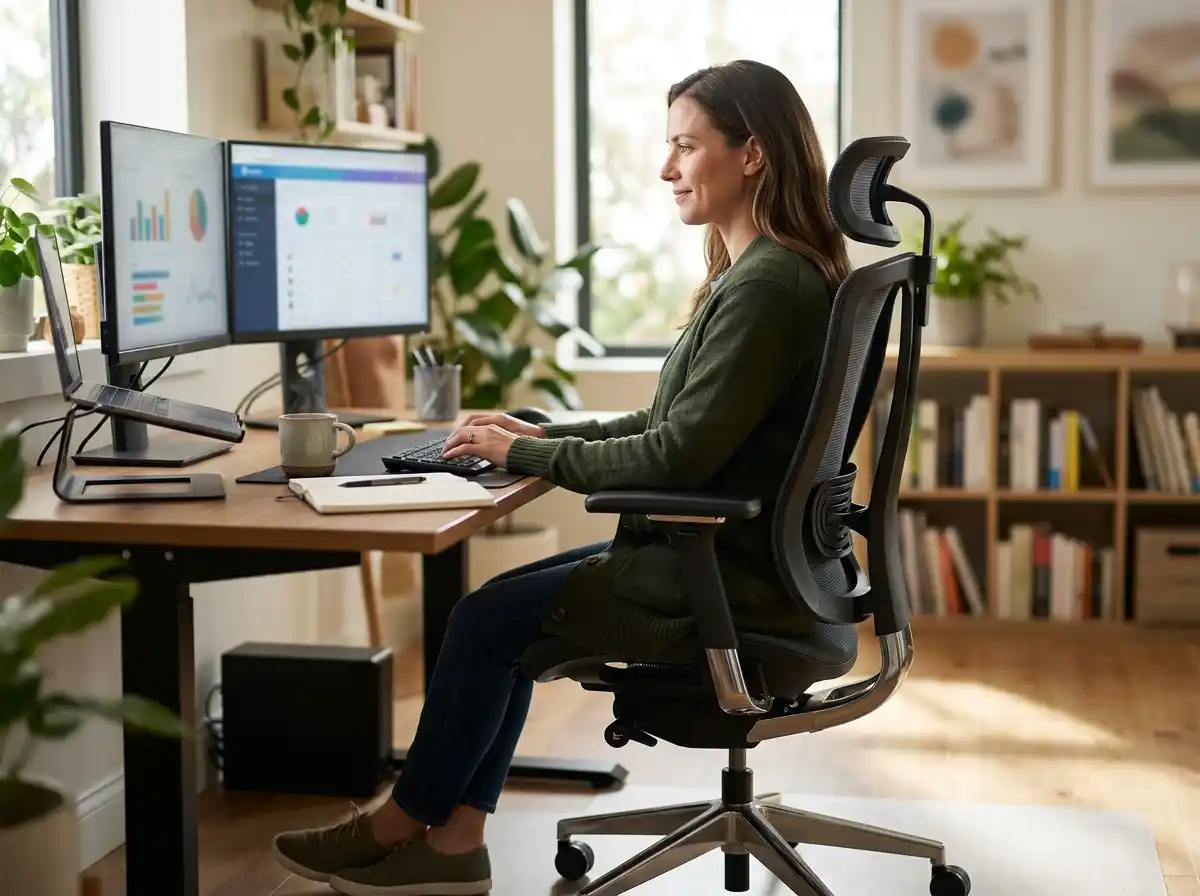 ergonomic mesh office chair with adjustable lumbar support and armrests in a modern office