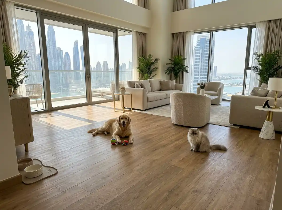 dog resting on non slip matte porcelain tile floor in a modern dubai home