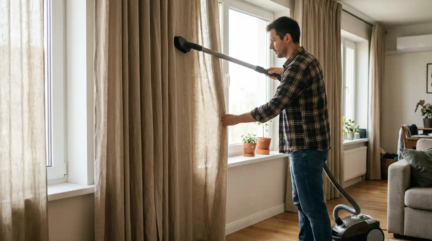 person gently shaking off dust from white sheer curtains near a sunlit window