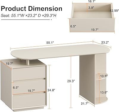 Home Office White Desk with Drawers and Storage Shelves, Cream White - Image 5