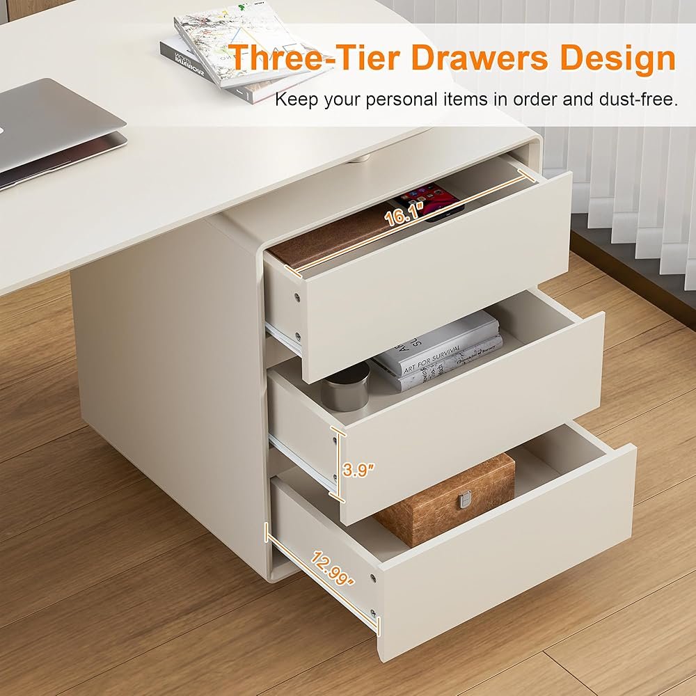 Home Office White Desk with Drawers and Storage Shelves, Cream White - Image 4