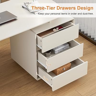 Home Office White Desk with Drawers and Storage Shelves, Cream White - Image 3