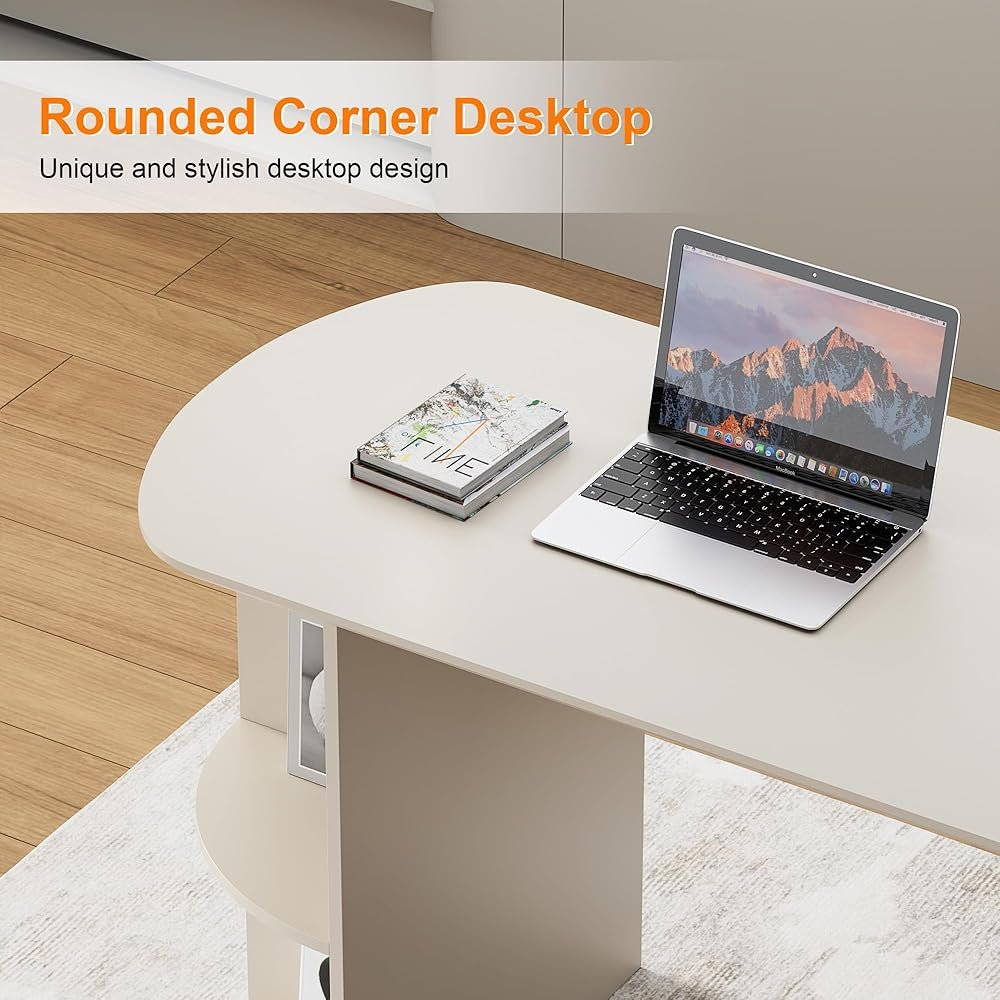 Home Office White Desk with Drawers and Storage Shelves, Cream White - Image 10