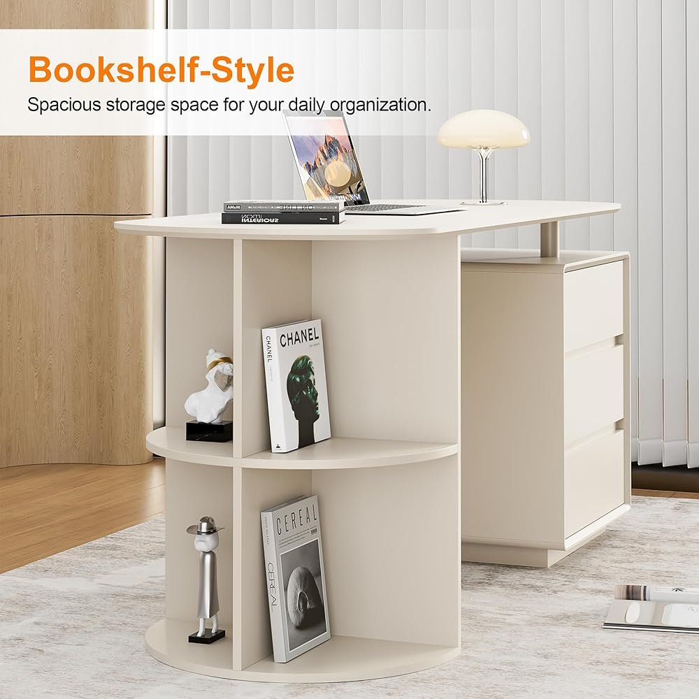 Home Office White Desk with Drawers and Storage Shelves, Cream White - Image 8