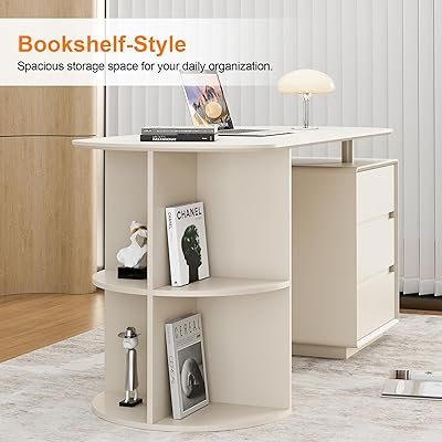 Home Office White Desk with Drawers and Storage Shelves, Cream White - Image 7