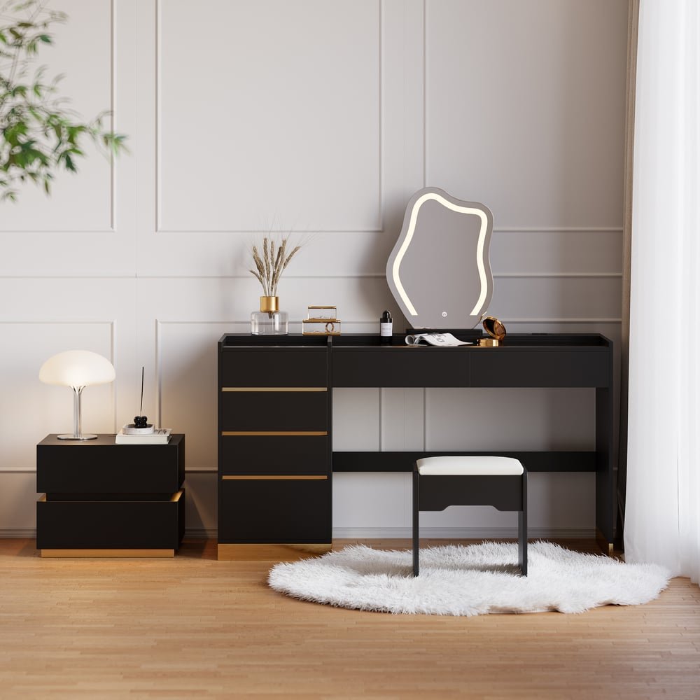 Modern black vanity set with lighted mirror, charging station and jewelry storage - Image 5