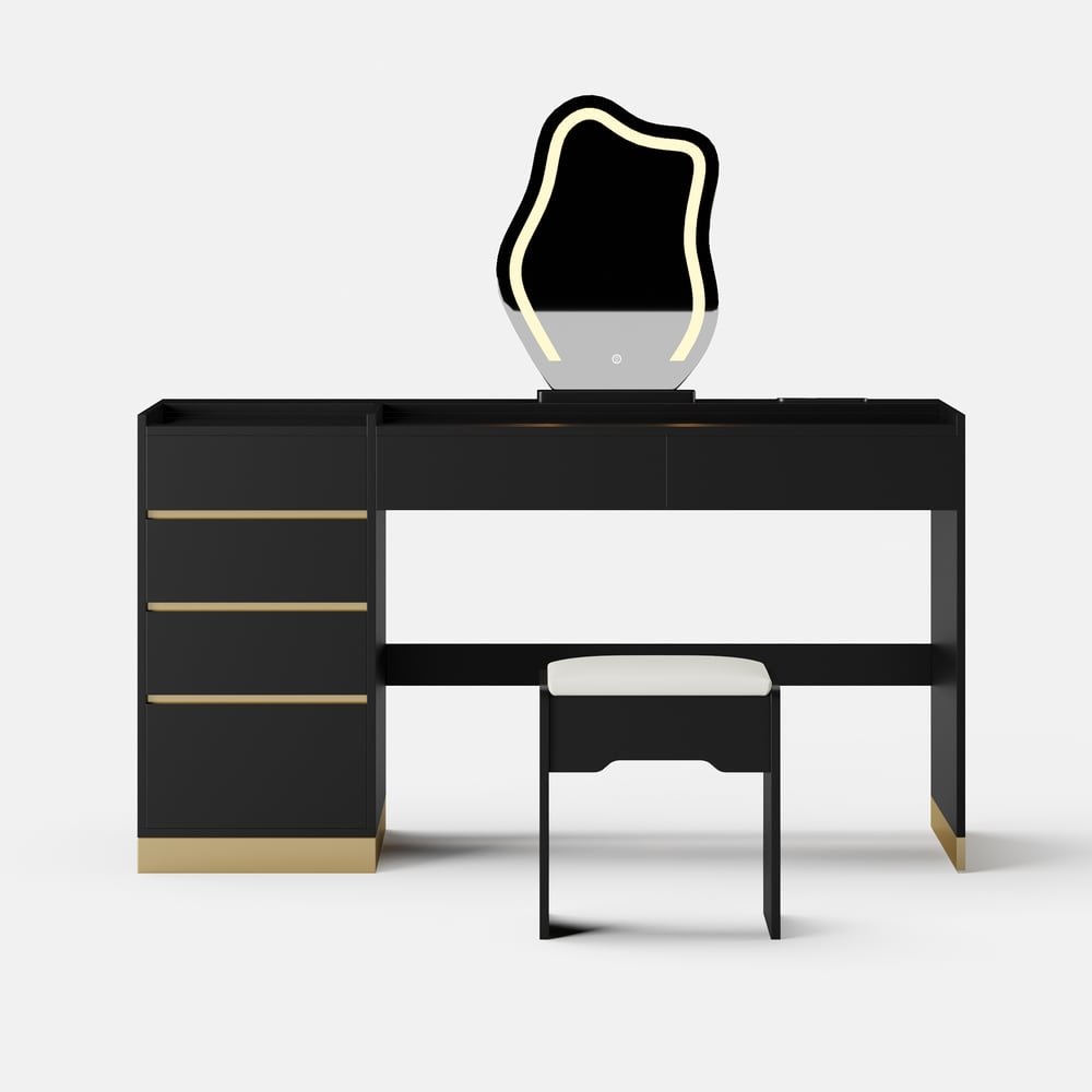 Modern black vanity set with lighted mirror, charging station and jewelry storage - Image 4