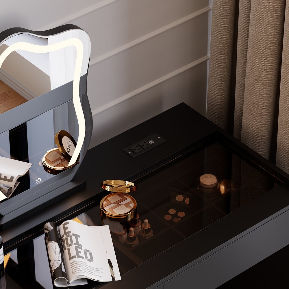 Modern black vanity set with lighted mirror, charging station and jewelry storage - Image 10