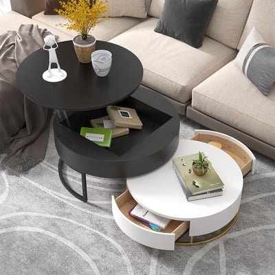 Nesnesis Round Nesting Coffee Table in Sintered Stone with White Sintered Wood Drawers - Image 4