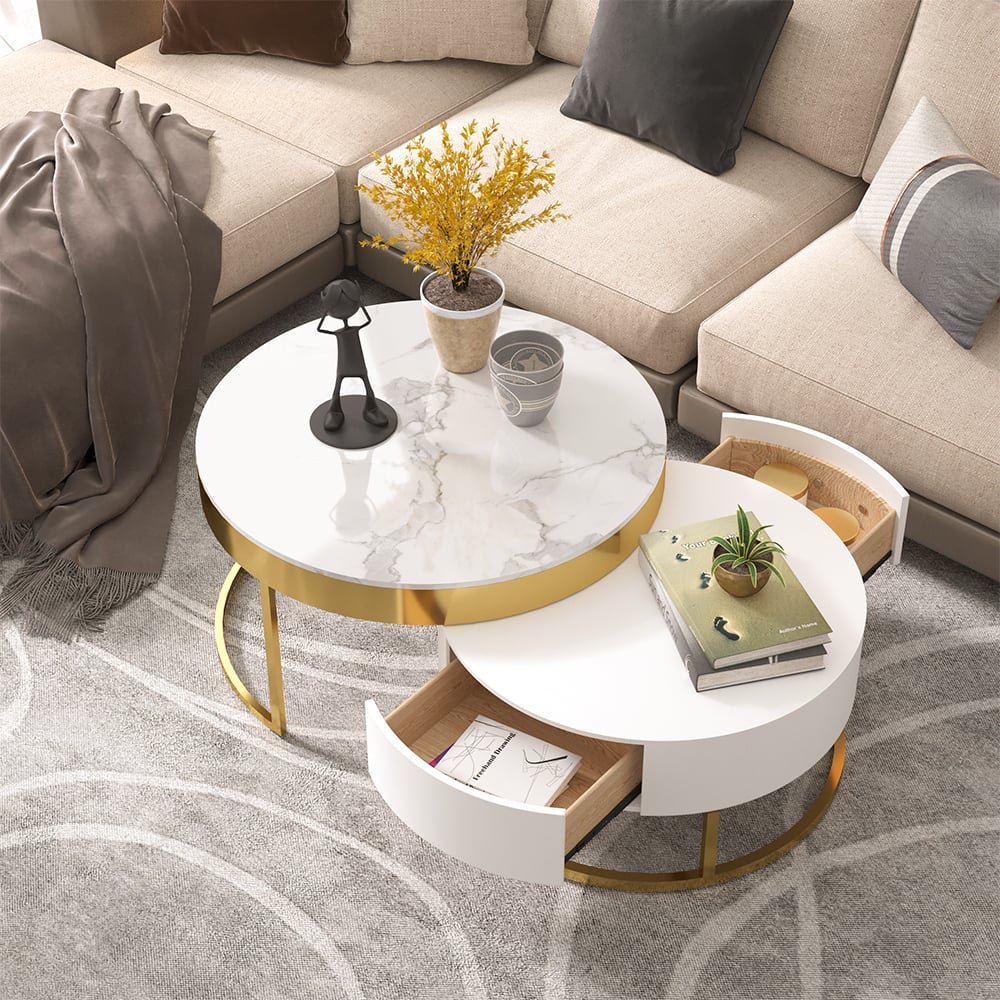 Nesnesis Round Nesting Coffee Table in Sintered Stone with White Sintered Wood Drawers - Image 7