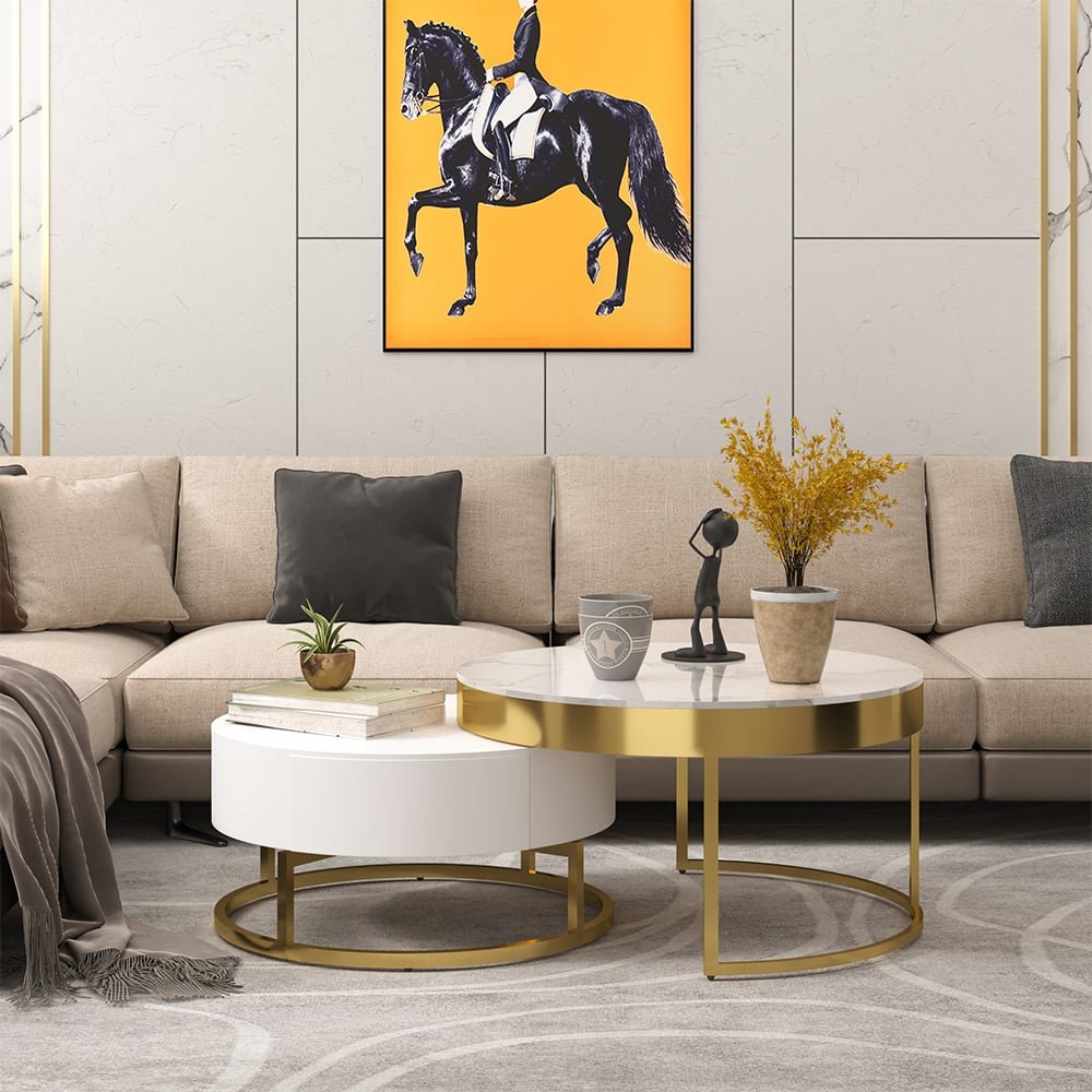 Nesnesis Round Nesting Coffee Table in Sintered Stone with White Sintered Wood Drawers - Image 6