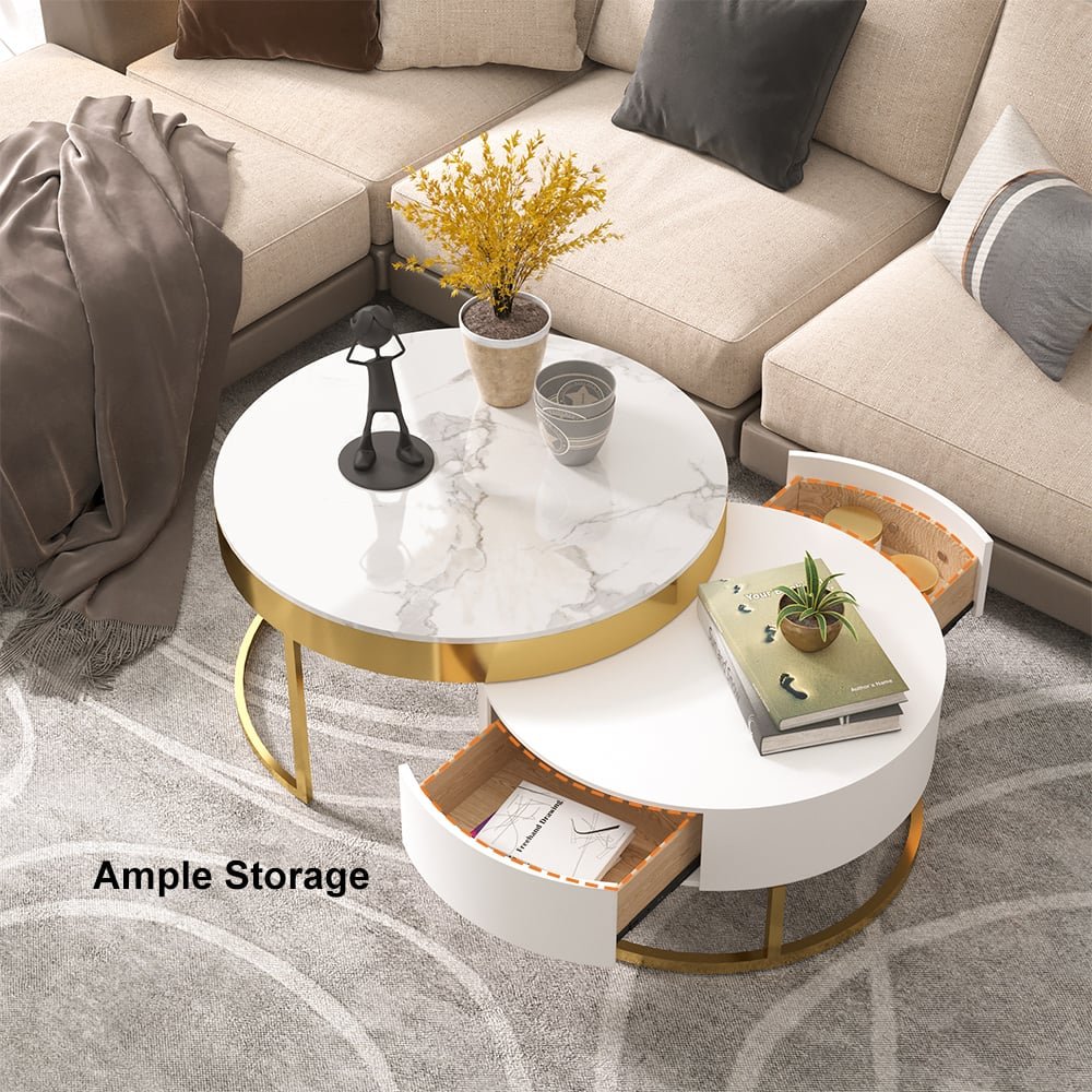 Nesnesis Round Nesting Coffee Table in Sintered Stone with White Sintered Wood Drawers - Image 11