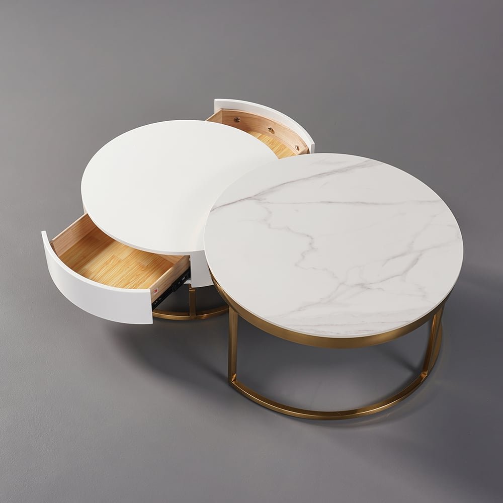 Nesnesis Round Nesting Coffee Table in Sintered Stone with White Sintered Wood Drawers - Image 12