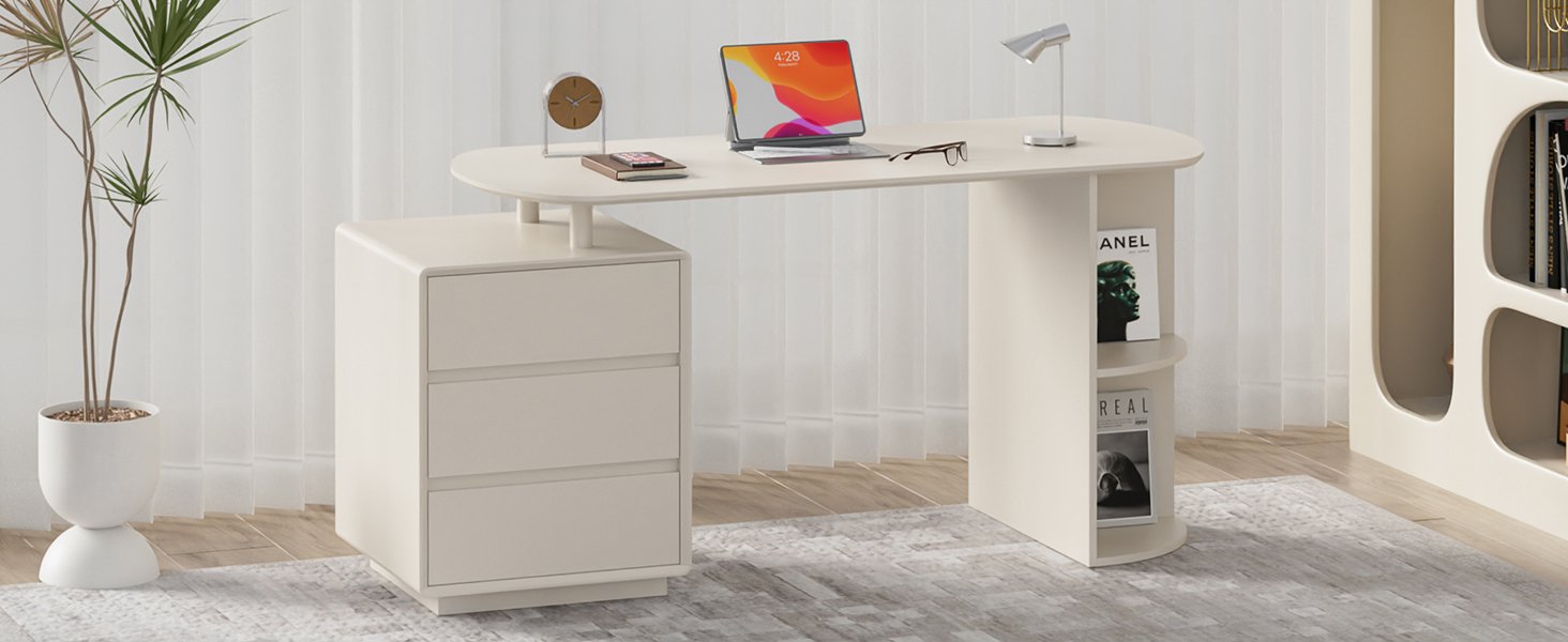 Home Office White Desk with Drawers and Storage Shelves, Cream White - Image 11