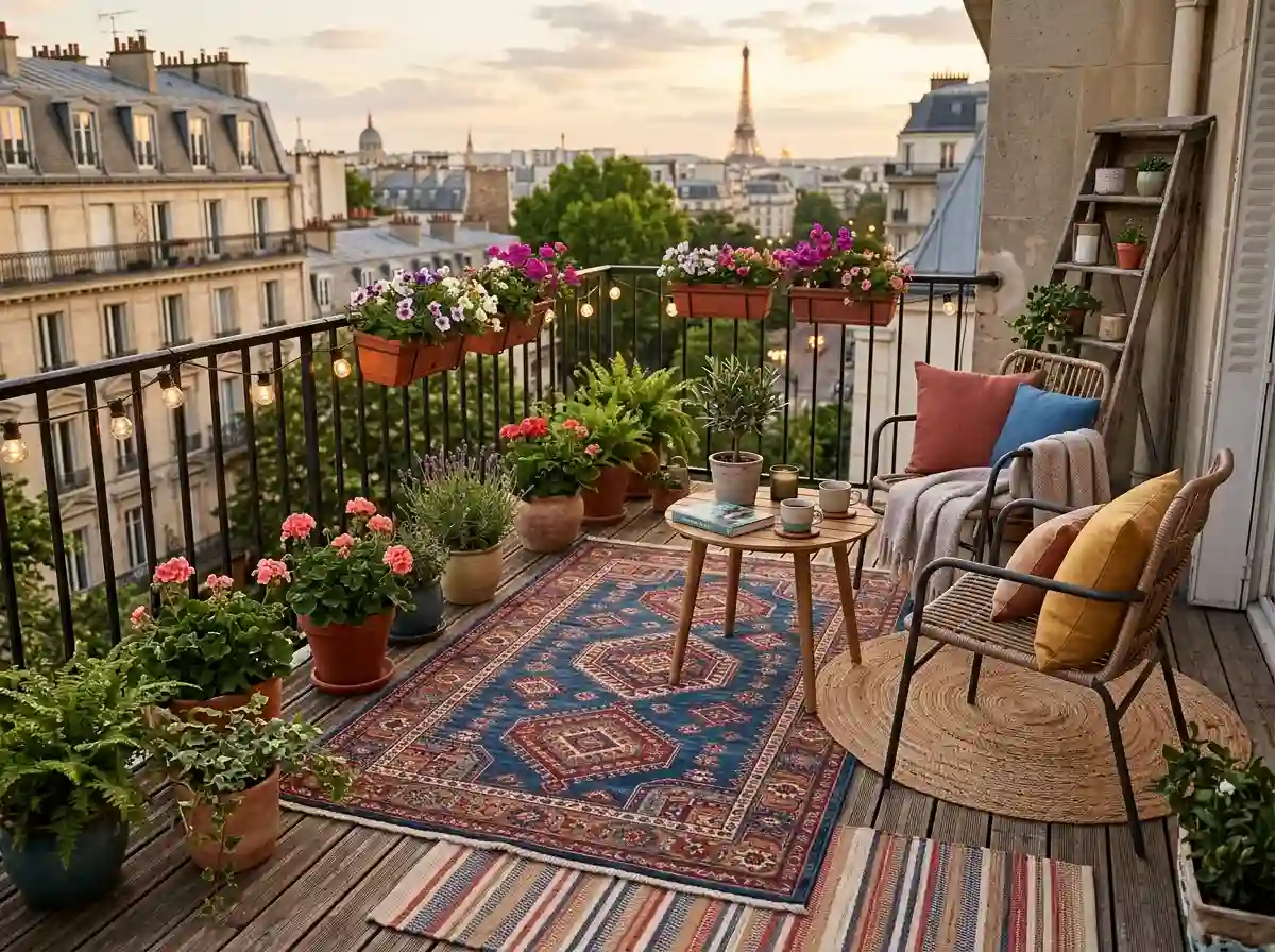 Balcony outdoor carpet with chairs and plants