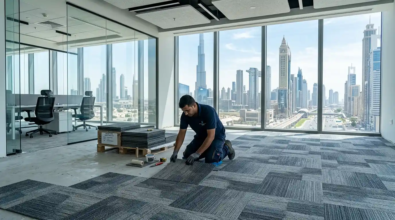 Carpet tiles installation team at work in Dubai