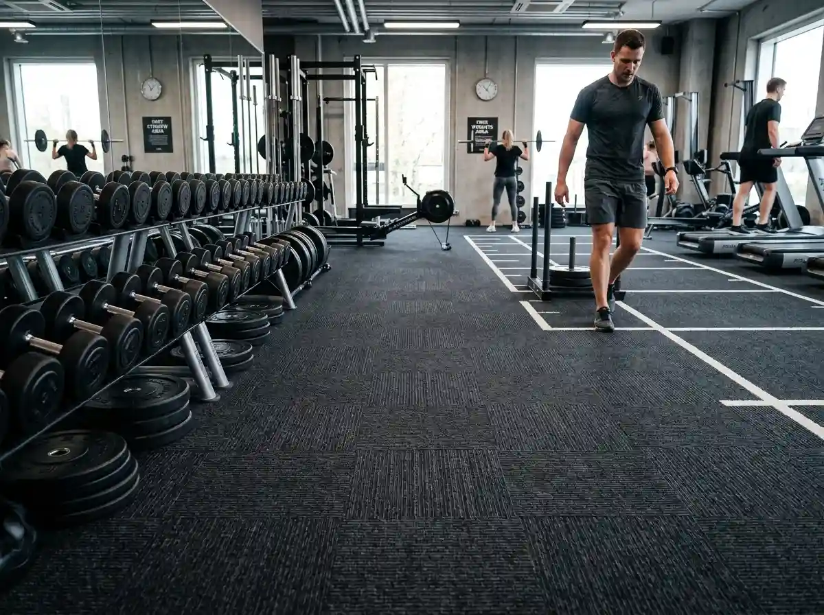 Dark loop pile carpet tiles installed in a Dubai gym