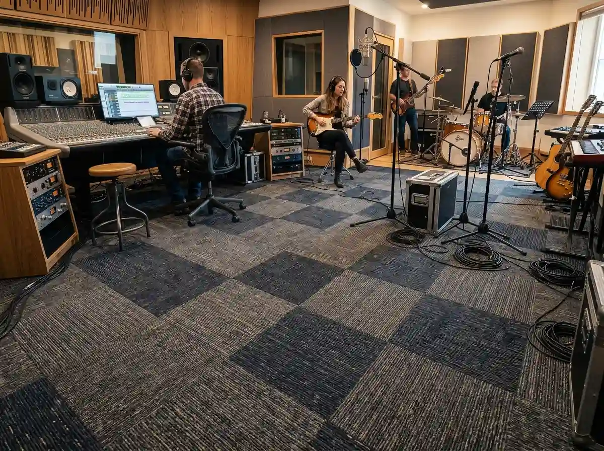 Custom carpet tile layout in a modern Dubai studio