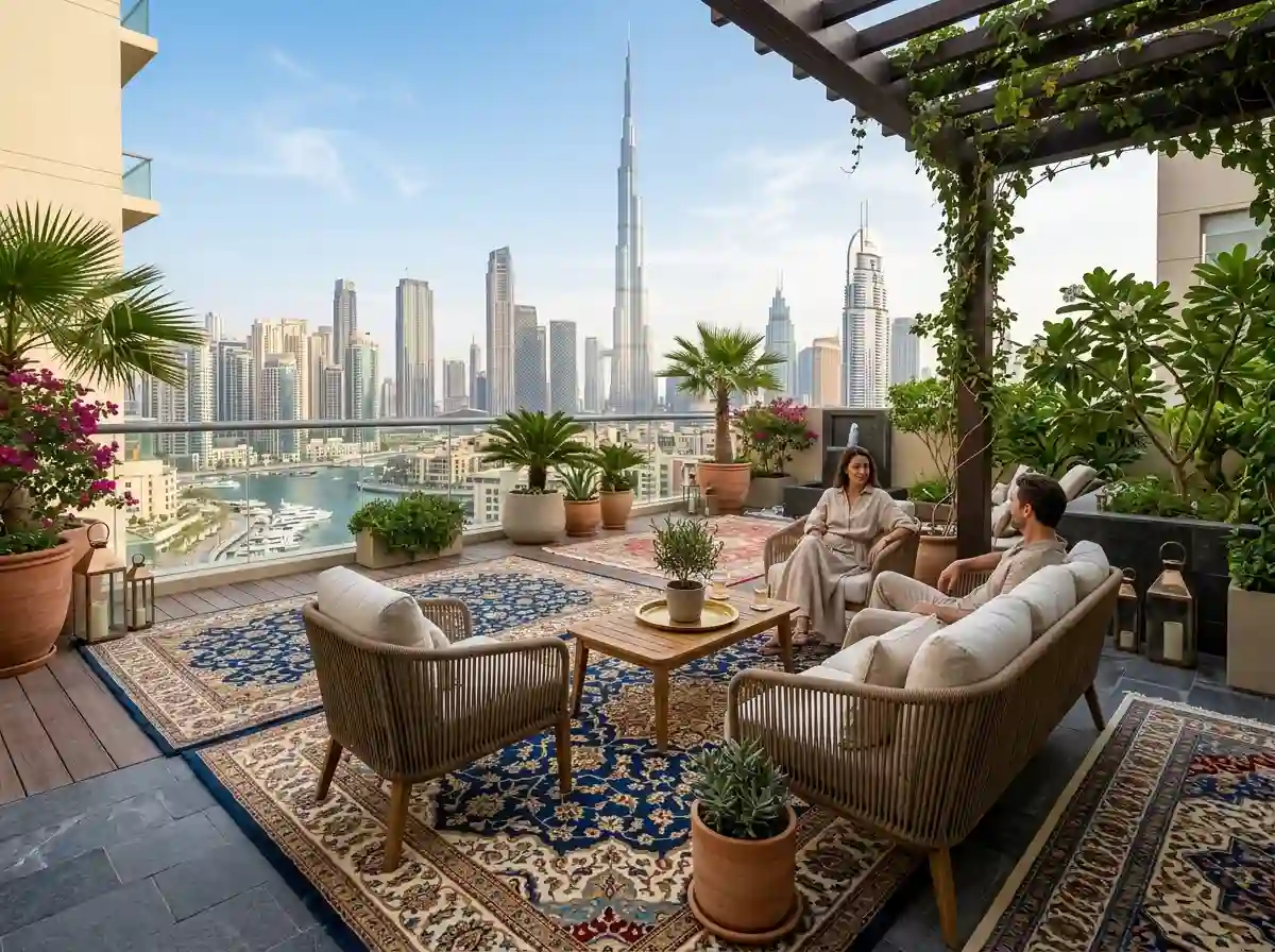 Garden outdoor carpet beside planters and seating
