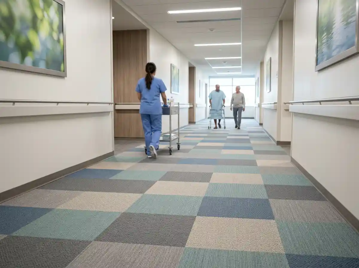Stain-resistant carpet tiles in a Dubai healthcare setting