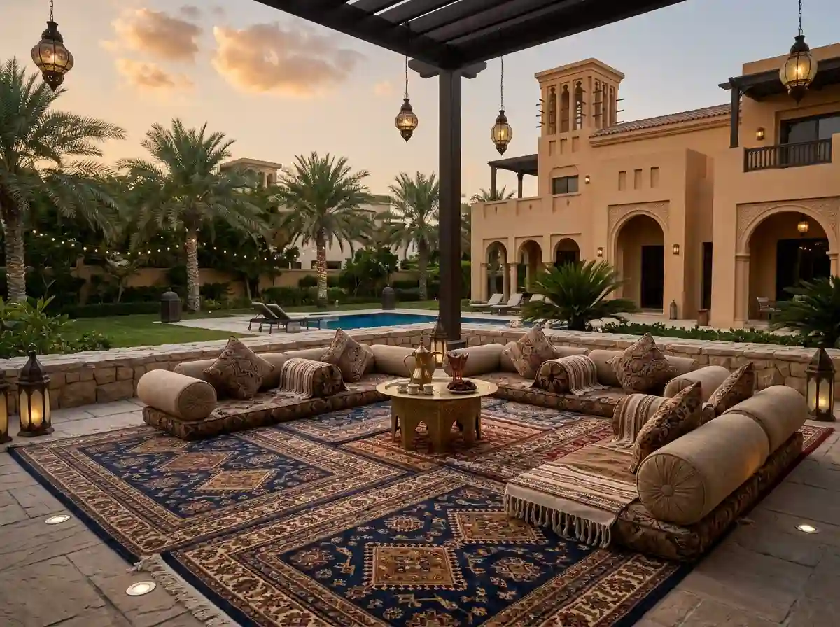 Outdoor majlis carpet in a Dubai garden seating area