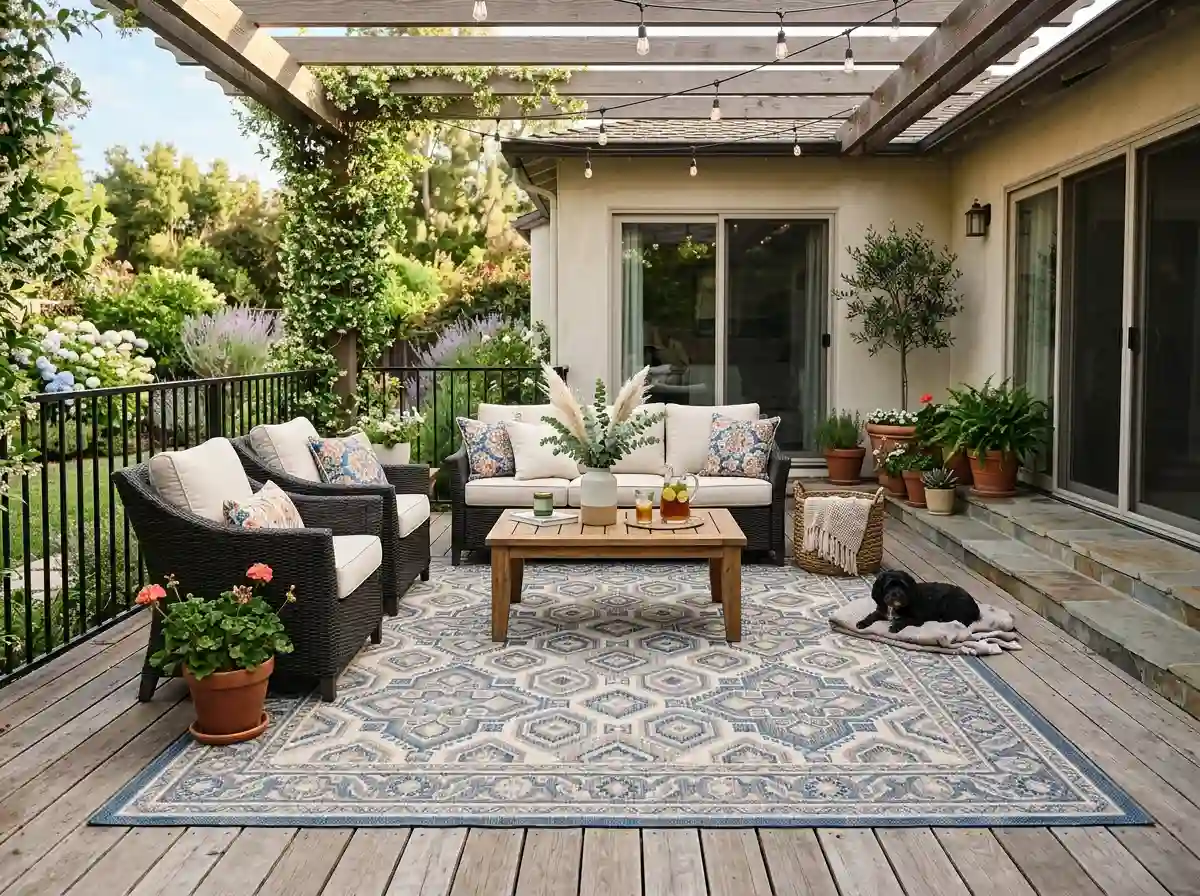 Patio outdoor carpet with outdoor dining furniture
