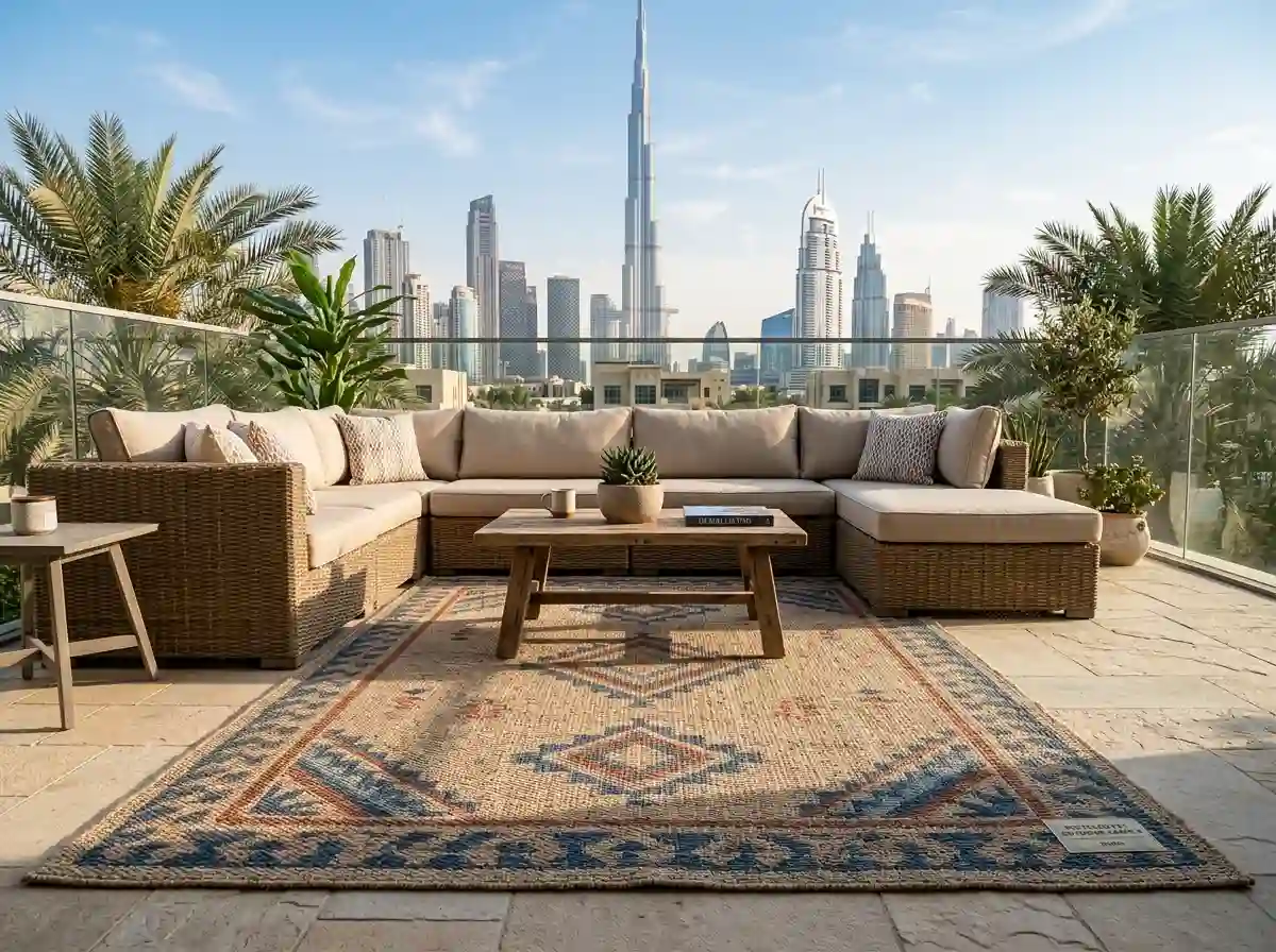 Recycled PET blend outdoor carpet in a modern outdoor setting