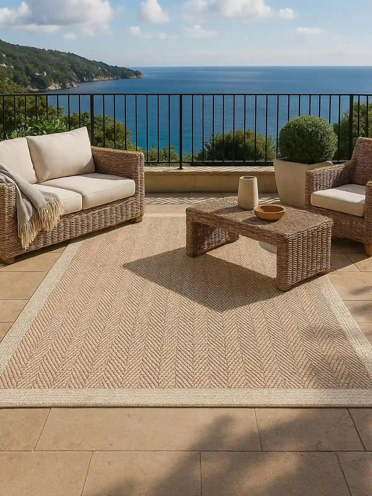 Weather-resistant outdoor carpet on a sunny Dubai terrace