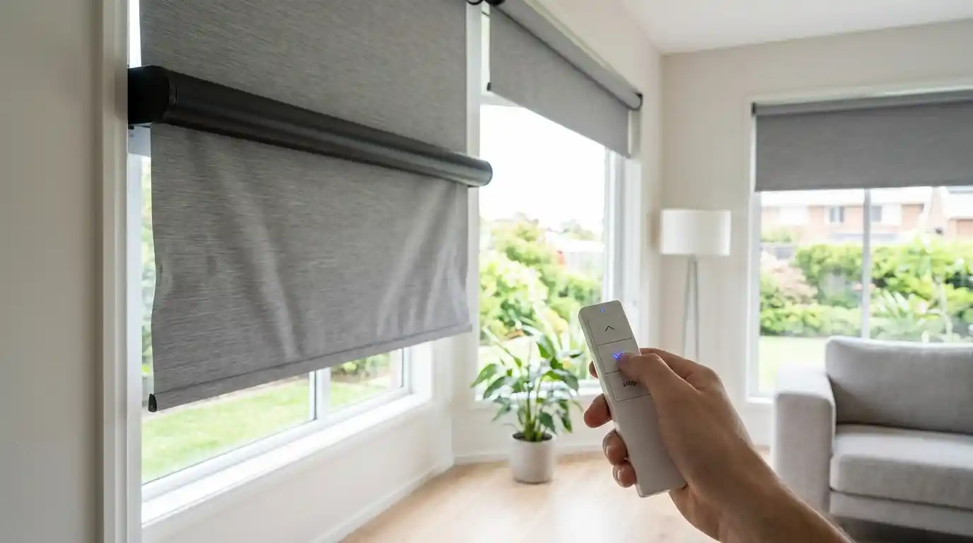 Motorized blinds on a large window in a modern room