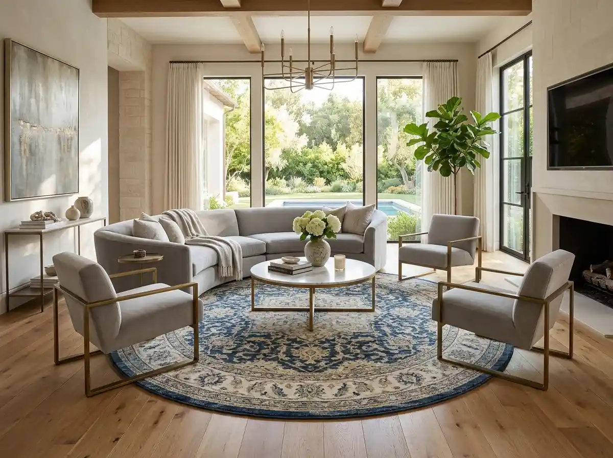 Round carpet under a coffee table in a Dubai living room