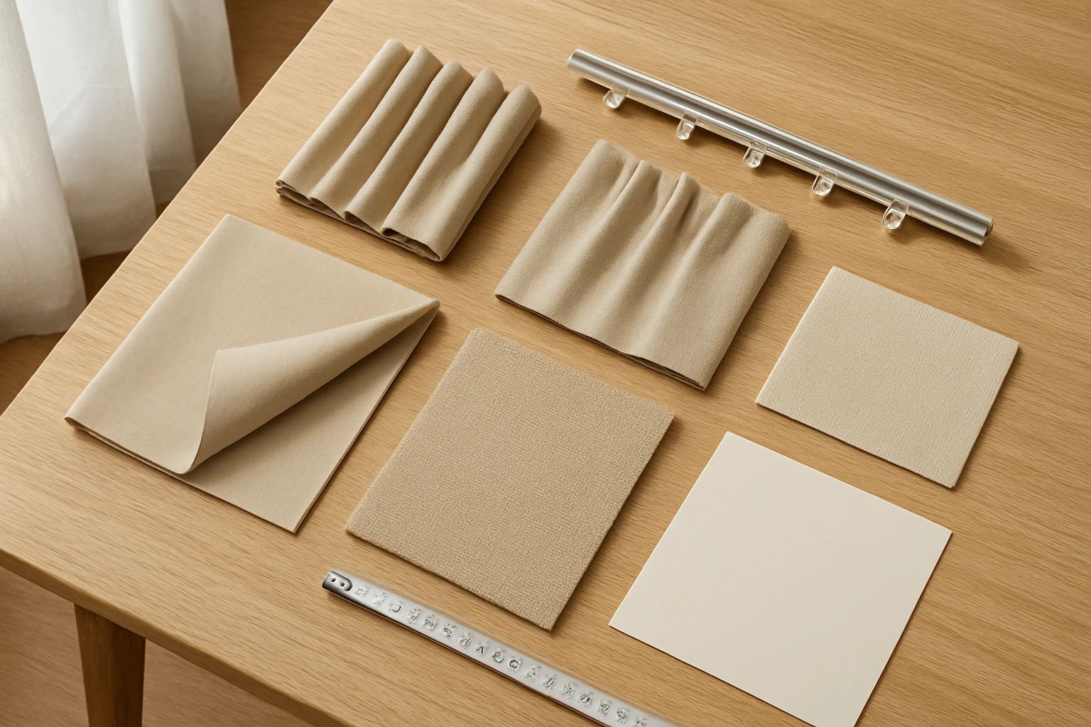 Blackout and dimout curtain samples with fitting components