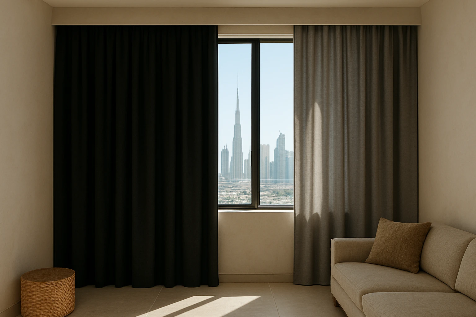 Blackout and dimout curtains in a Dubai apartment