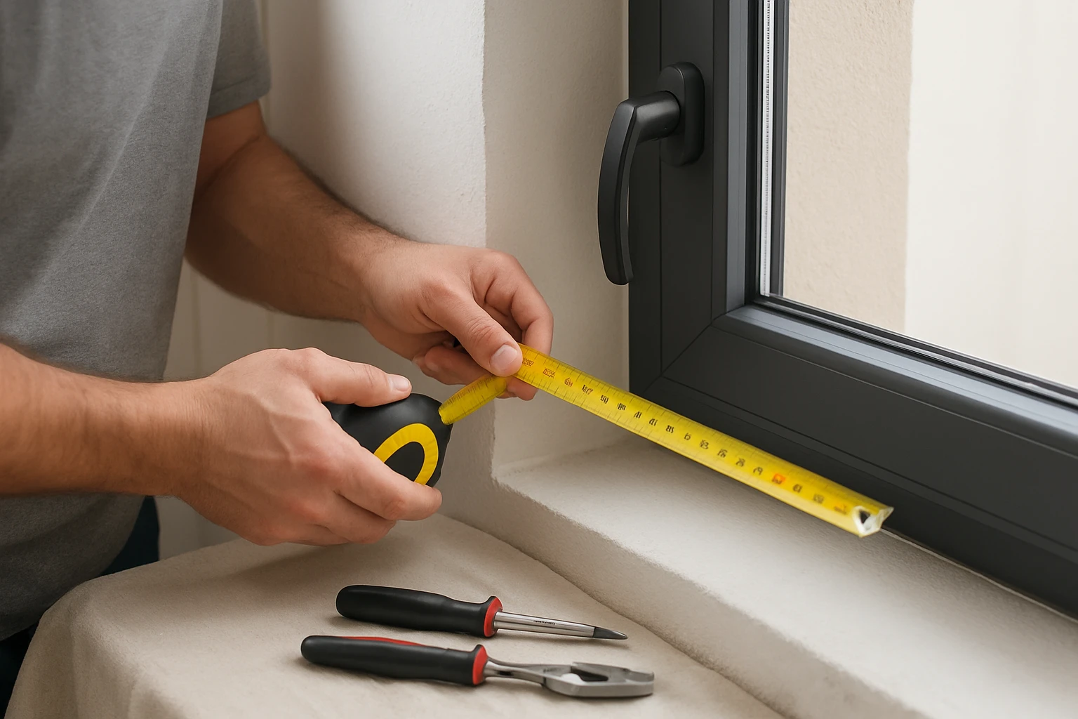 Blind installer checking window recess and handle clearance