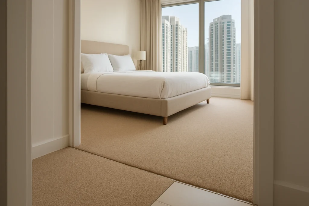 Carpet installation in Dubai bedroom, finished threshold