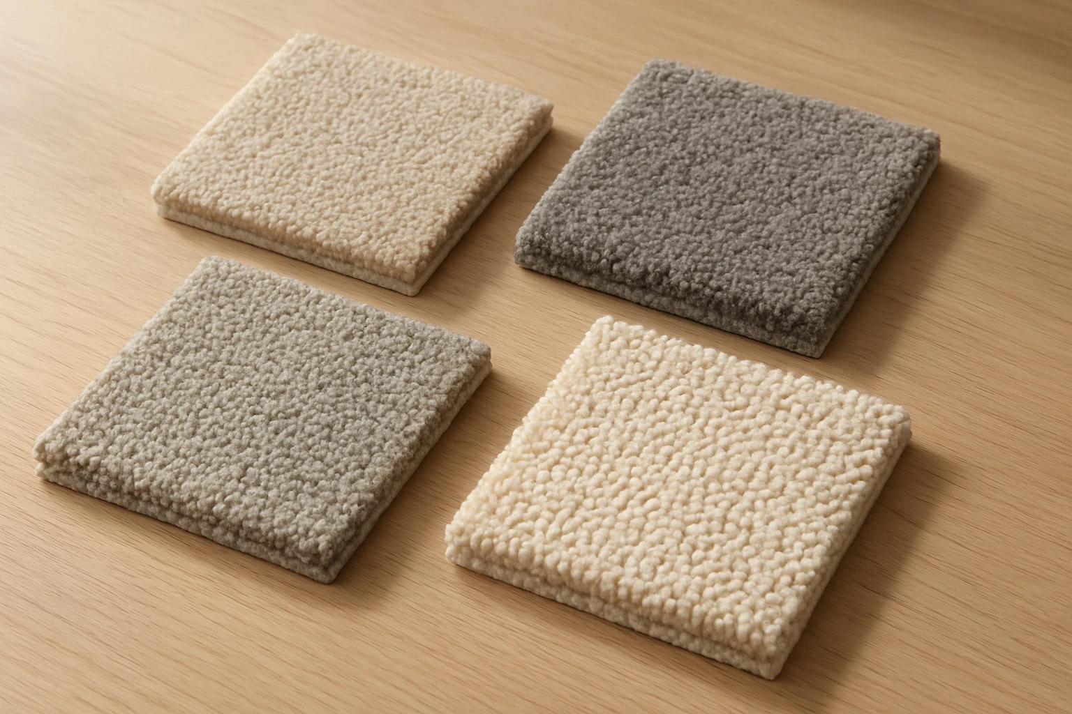 Carpet samples comparing polypropylene, polyester, nylon and wool