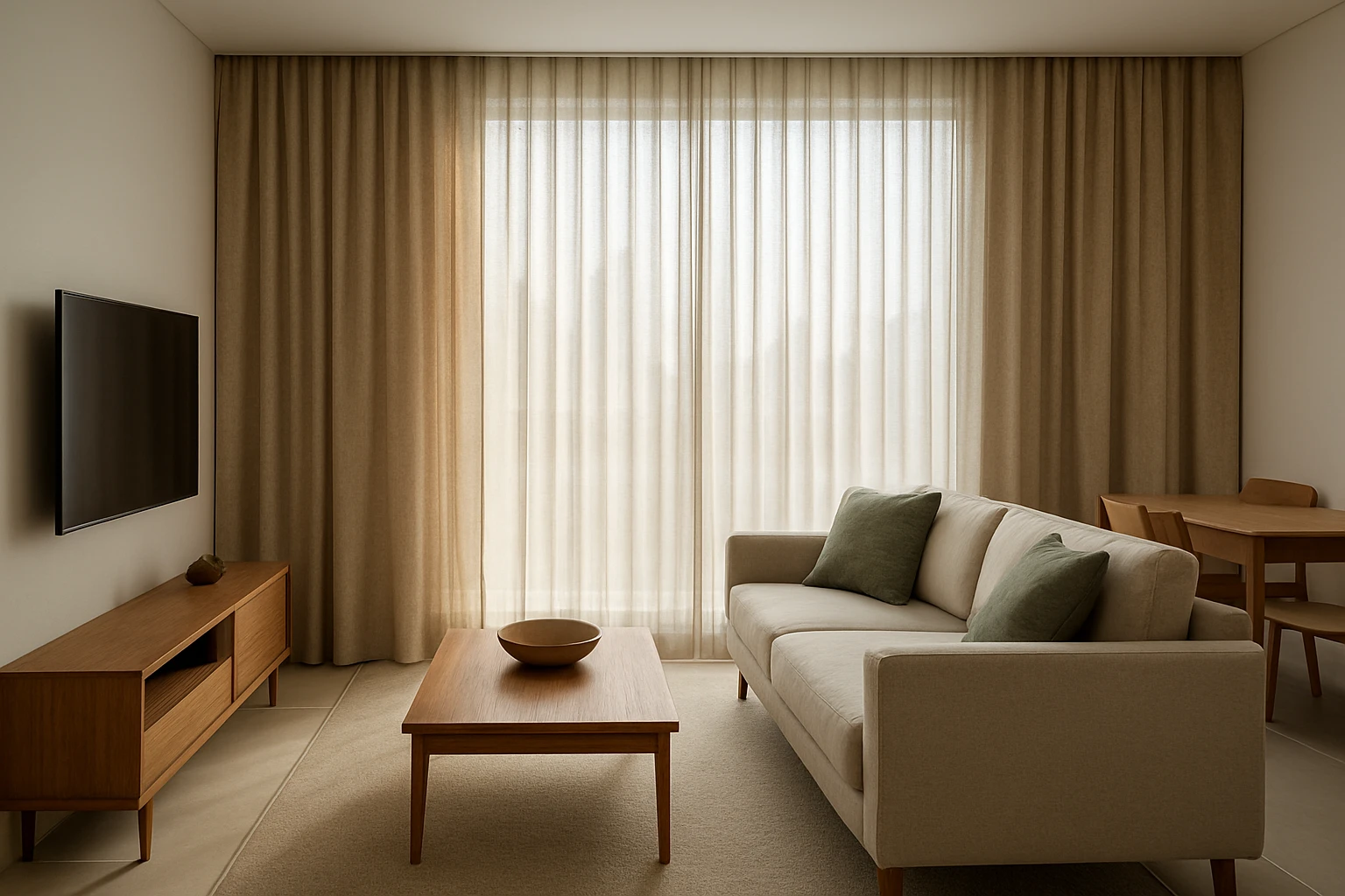 Dimout curtains filtering daylight in Dubai living room